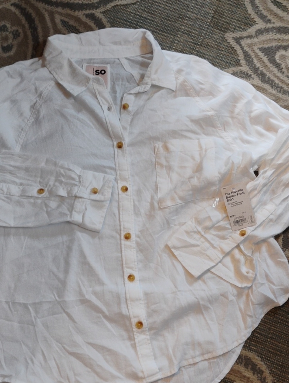 SO White Casual Button-Down Shirt with Tan Buttons